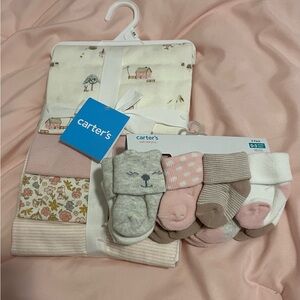 Carter's Cozy Socks and Blanket Set - Pink, Gray, Cream